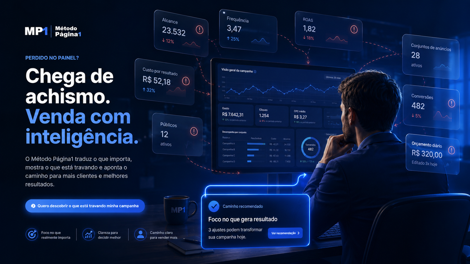 Empresário analisando painel de campanha confuso